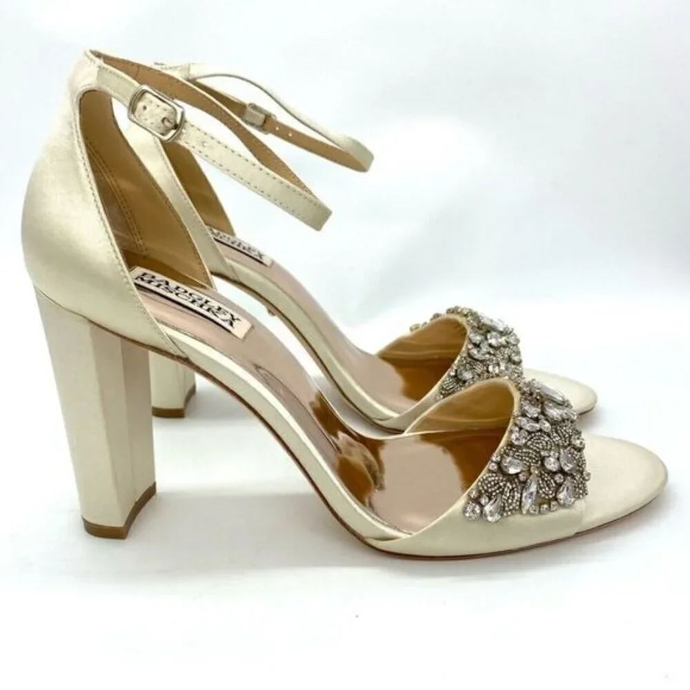 Badgley Mischka Women's Barby Ivory Satin Jeweled Heels New